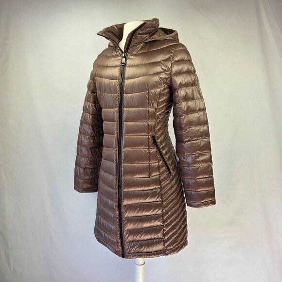 Calvin Klein Packable Hooded Premium Down Puffer Coat  Brown Size Medium - Picture 1 of 16
